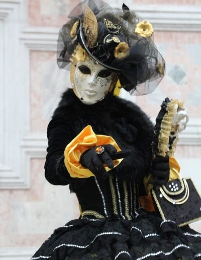 photo - carnaval de venise - zoom souvenirs - femme - masque - chapeau - fleur - robe - déguisement - gant - bijoux - sac - noir - jaune - papillon - dentelle