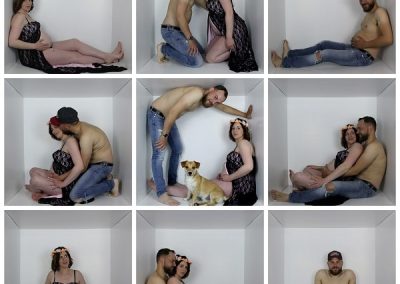 photo - box - zoom souvenirs - couple - grossesse - chien - robe - jean - fleur - couronne - montage - blanc - bleu - noir - sourire - casquette