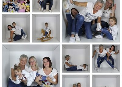 photo - box - zoom souvenirs - famille - femmes - fille - montage - jean - t-shirt - sourire - peluche - cheval - boite - grimace - blanc - bleu - marron