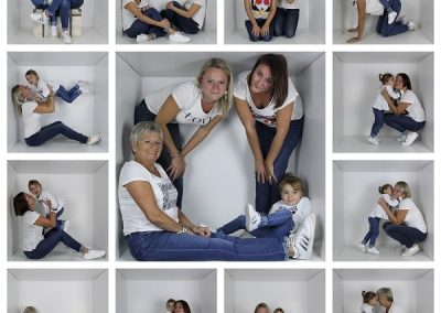 photo - box - zoom souvenirs - famille - femmes - fille - câlin - montage - sourire - boite - bisou - jean - t-shirt - blanc - bleu