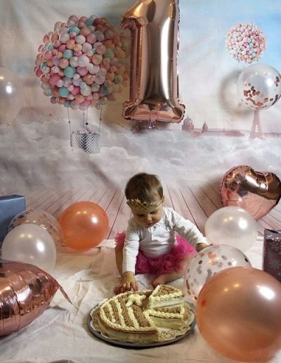 photo - smash the cake - zoom souvenirs - bébé - gâteau - ballon - cadeau - couronne - tutu - maillot - montgolfière - rose - blanc - ciel - décor - bleu